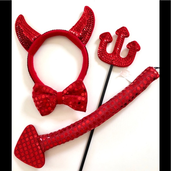 Mardi Gras sequins devil 4pc Quality accessories bowtie tails Pitchfork headband - Picture 7 of 14